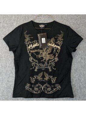 Harley Davidson Metallic Eagle Graphic Womens Tee Shirt Black Gold Embellished L